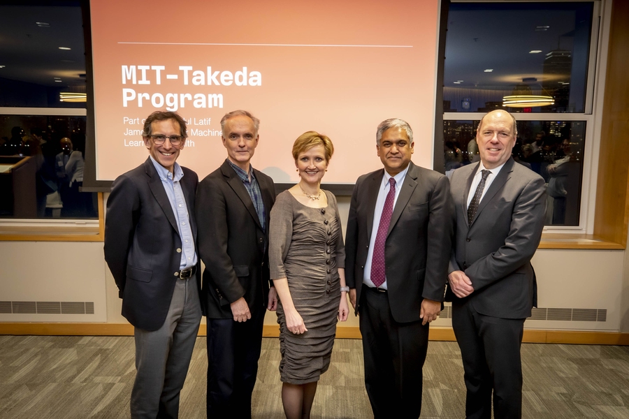 Left to right: Andy Plump, president of R&D at Takeda; Jim Collins, MIT-Takeda Program faculty lead; Anne Heatherington, co-chair of the MIT-Takeda Program Steering Committee; Anantha Chandrakasan, co-chair of the MIT-Takeda Program Steering Committee; and Martin Schmidt, provost of MIT and Maria Stata Professor of Electrical Engineering and Computer Science.