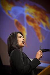 Sangeeta Bhatia, the Wilson Professor of Health Sciences and Technology and Electrical Engineering and Computer Science, described how her lab is creating drug-delivering nanoparticles.