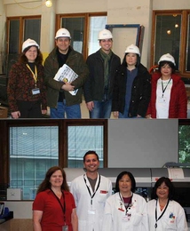 Before and after: Clinical laboratory staff donned hard hats to visit the lab during renovations (top), and pose in the same spot after moving back into the newly renovated space almost a year later.