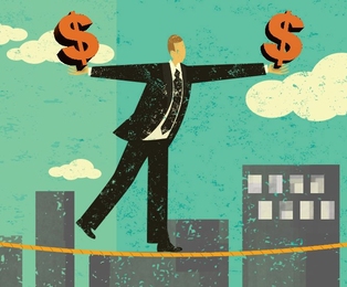 Illustration of a man on a high wire who holds dollar signs in each hand