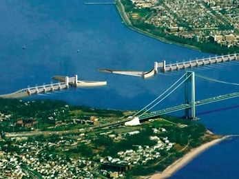 An artist's rendition of a proposed $6.5 billion barrier north of the Verrazano Narrows Bridge that would aim to protect New York City's harbor.
