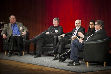 A panel on &#34;Models and Big Data&#34; included (from left): MIT Joint Program on the Science and Policy of Global Change Co-Director John Reilly; director of the MIT Media Lab Responsive Environments group and MIT Associate Professor Joseph Paradiso; director of Climate Interactive and MIT Sloan Professor John Sterman; White House Senior Advisor on Climate Change Innovation Bina Venkataraman; a...