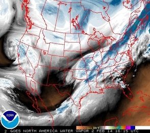National Weather Service National Headquarters satellite image, showing the Feb. 2 afternoon image of the water vapor content of atmosphere over the United States, from National Oceanic and Atmospheric Administration geostationary satellites. Bright colors: High water content.