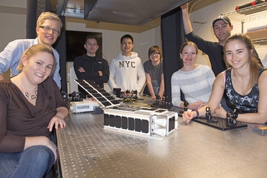 KitCube is a backpack-sized spacecraft designed by MIT students to compete in NASA’s CubeQuest Challenge competition to win a free ride to the moon in order to demonstrate laser communications and green monopropellant technology. 