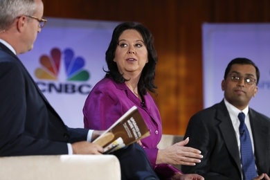 CNBC's Eamon Javers (left) with Arizona Secretary of State Michele Reagan (center) and former NSA counsel Rajesh De.