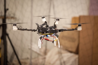 A four-rotor "bunnycopter" developed at MIT's Computer Science and Artificial Intelligence Laboratory features propellers at different heights.