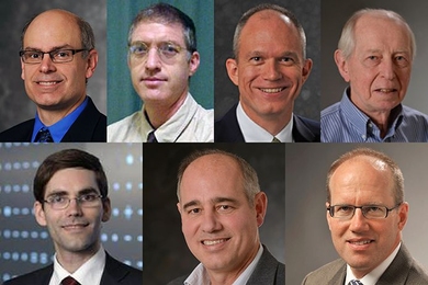 The 2017 IEEE Fellows from MIT are (clockwise from top left) Robert Cunningham, Dov Dori, Paul Juodawlkis, Daniel Oates, Steven Smith, Frank Robey, and Tomás Palacios. 
