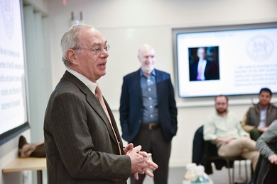 MIT President L. Rafael Reif speaks to the newly arrived MicroMasters students.
