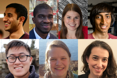 Seven MIT graduate students are receiving 2018 National Defense Science and Engineering Graduate Fellowships. Top row, left to right: Eeshan Chetan Bhatt, Frederick Daso, Ashley Kaiser, and Bharath Kannan. Bottom row, left to right: Peter Yucheng Lu, Molly Parsons, and Sarah Schwartz.