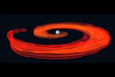 Numerical simulation of the last instances of a neutron star and black hole merger, as the neutron star is destroyed by the tidal pull of the black hole (at the center of the disk).