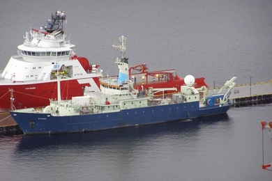 The RV Knorr, in Norway’s Alesund harbor in February 2014, as the crew prepares to begin its Nordic Seas Experiment.