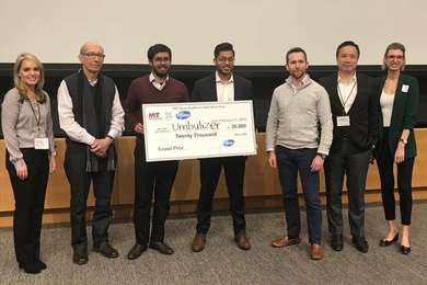 Umbulizer founders Shaheer Piracha and Harvard Medical School student Sanchay Gupta (holding the check, from l-r) pose with the judges after winning the Sloan Healthcare Innovations Prize competition. Umbulizer’s other founders not pictured include MIT alumni Moiz Imam ’18 and Abdurrahman Akkas ’18, MIT mechanical engineering student Wasay Anwer, Boston University student Rohan Jadeja, and F...