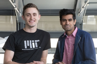Department of Aeronautics and Astronautics graduate student Eric Hinterman (left) and Department of Electrical Engineering and Computer Science graduate student Eswar Anandapadmanaban are members of the MIT team that took first prize in the U.S. Air Force’s Visionary Q-Prize Competition.
