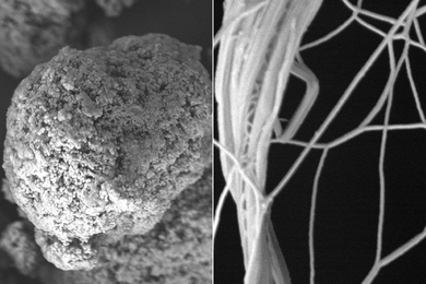 By mixing polymer powder in solution to generate a film that they then stretched, MIT researchers have changed polyethylene’s microstructure, from spaghetti-like clumps of molecular chains (left), to straighter strands (right), allowing heat to conduct through the polymer, better than most metals. 