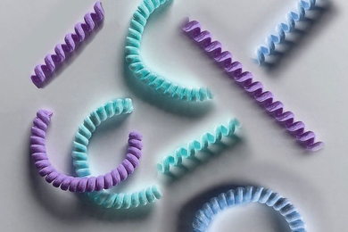 MIT engineers have designed coiled “nanoyarn,” shown as an artist’s interpretation here. The twisted fibers are lined with living cells and may be used to repair injured muscles and tendons while maintaining their flexibility. 