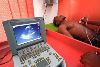 A patient receives an ultrasound at MDaaS Global's clinic in Ibadan, Nigeria. MDaaS provides diagnostic services to low-income communities that were previously inaccessible.