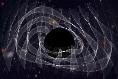 MIT scientists have captured the “ringing” of a newly-formed black hole, in the form of gravitational waves, depicted in this artist’s illustration.
