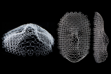 A lattice structure, originally printed flat, has morphed into the outline of a human face after changing in response to the surrounding temperature. Perspective view (left), top view (middle), and side view (right) of transformed lattice, approximately 160mm tall.