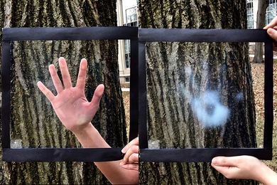 A smart window developed by Professor Nicholas Fang includes thermochromic material that turns frosty when exposed to temperatures of 32 C or higher, such as when a researcher touches the window with her hand. 