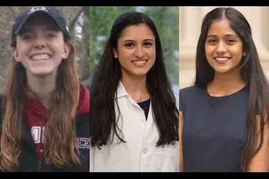 Left to right: Katie Collins, Vaishnavi Phadnis, and Vaibhavi Shah are three of the 396 undergraduates in the United States to receive 2020-21 Goldwater Scholarships. 