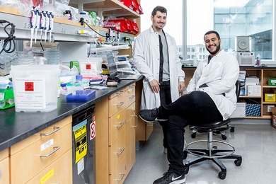 McGovern Institute scientists Jonathan Gootenberg (left) and Omar Abuddayeh in the lab