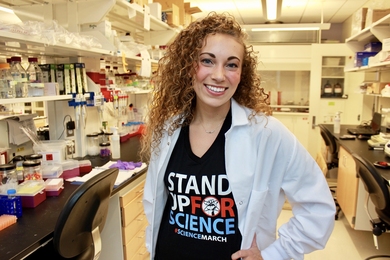 Graduate student and lead author Lauren Stopfer in the lab