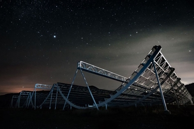 CHIME, pictured here, consists of four large antennas, each about the size and shape of a snowboarding half-pipe, and is designed with no moving parts. Rather than swiveling to focus on different parts of the sky, CHIME stares fixedly at the entire sky, looking for fast radio burst sources across the universe.