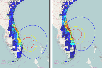 Four maps showing locations of power outages in Florida after Hurricane Matthew