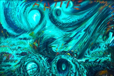 Blue-hued painting with five large swirls, two in the sky, two on water/land, and one in between, along with the word "HATTIE" in orange paint