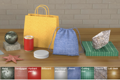 Image of photorealistic objects — two bags, a ball, a can, a rock — displaying a variety of textures