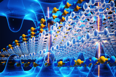 Illustration featuring a lattice of clear hexagons and a lattice of blue and yellow hexagons, superimposed on undulating waves