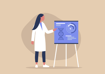 Illustration of a woman in a lab coat giving a presentation next to a poster featuring DNA