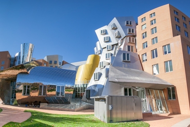Photo of MIT's Stata Center, an iconic building comprised of crazy angles and unusual materials