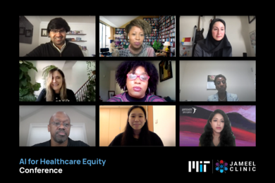 Screenshot of a 3 by 3 grid of nine speakers at the AI for Health Care Equity Conference