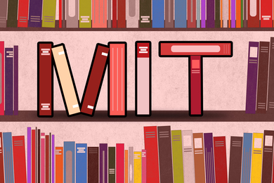 Illustration of a three-tier bookshelf, with "MIT" spelled out with books on the middle shelf