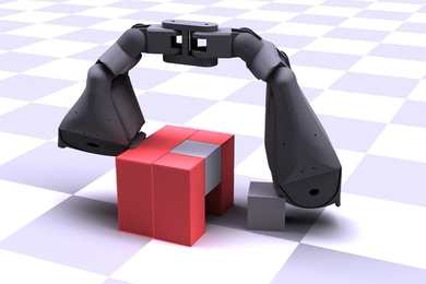 Digital 3D illustration showing a black robot hand pushing a red cube atop a flat surface with a lavender-and-white checkerboard pattern