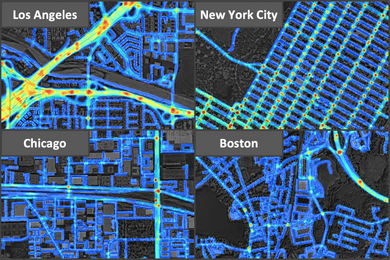 Compound image featuring four digital street maps for sections of Los Angeles, New York, Chicago, and Boston, with streets color-coded to show collision probabilities