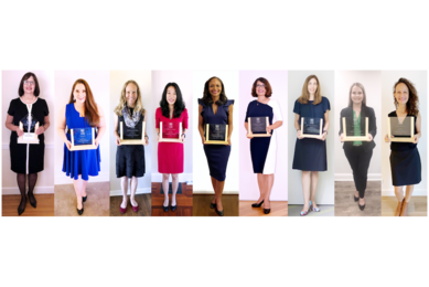 A row of nine photos of women holding square glass awards. 
