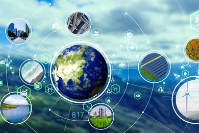 Photo illustration of Earth surrounded by images of a city, a highway exchange, a solar array, trees, a wind turbine, and more.