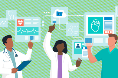 Simple illustration shows 3 doctors clicking at hovering screens that show a heart and vital signs.