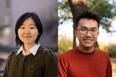 Side-by-side portrait photos of MIT 2023 Marshall Scholars Rachael Chae and Sihao Huang