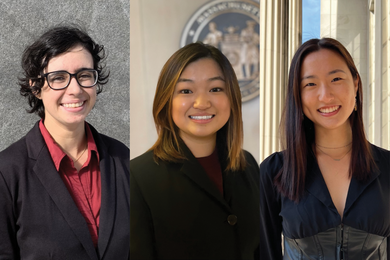 Side-by-side portrait photos of MIT 2024 Schwarzman Scholars Sara V. Fernandez, Amanda Hu, and Brigette Wang