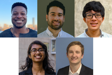 Five portrait photos of MIT's 2023 Quad Fellows; assembled with three photos in the top row and two in the bottom row
