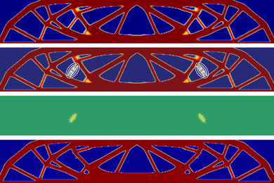 4 vertical images show the iterative design process. The top image is of a support beam made with smaller segments. The middle images highlight a specific segment. In the bottom, the segment is gone.