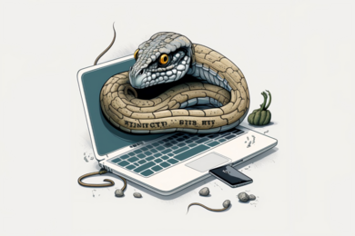 Illustration of a thick green snake on top of a grey and blue laptop with a black card, a few grey rocks, and a little green onion on the side