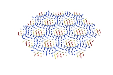 Artist’s rendition of skyrmions, exotic particles represented by whirls of red, yellow, and white arrows distributed across a material, represented as blue arrrows.
