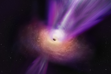 A black hole, in center, has a swirling sherbet galaxy around it. Above and below, a jet of purple and white light emerges from both sides of the black hole.