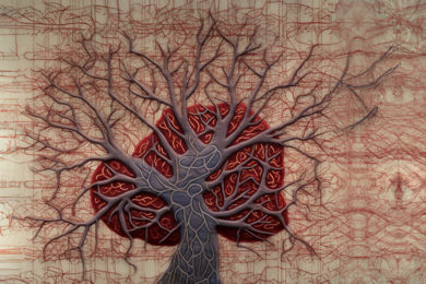 Abstract illustration resembling a tree whose branches are rounded like blood vessels atop a red shape that resembles a brain