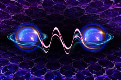 Illustration of two spherical electrons joined by a waveform, against a hexagonal lattice background