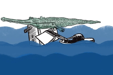 Line drawing with watercolor of a crocodile with its eyes closed floating with a radio, a book, and a shoe